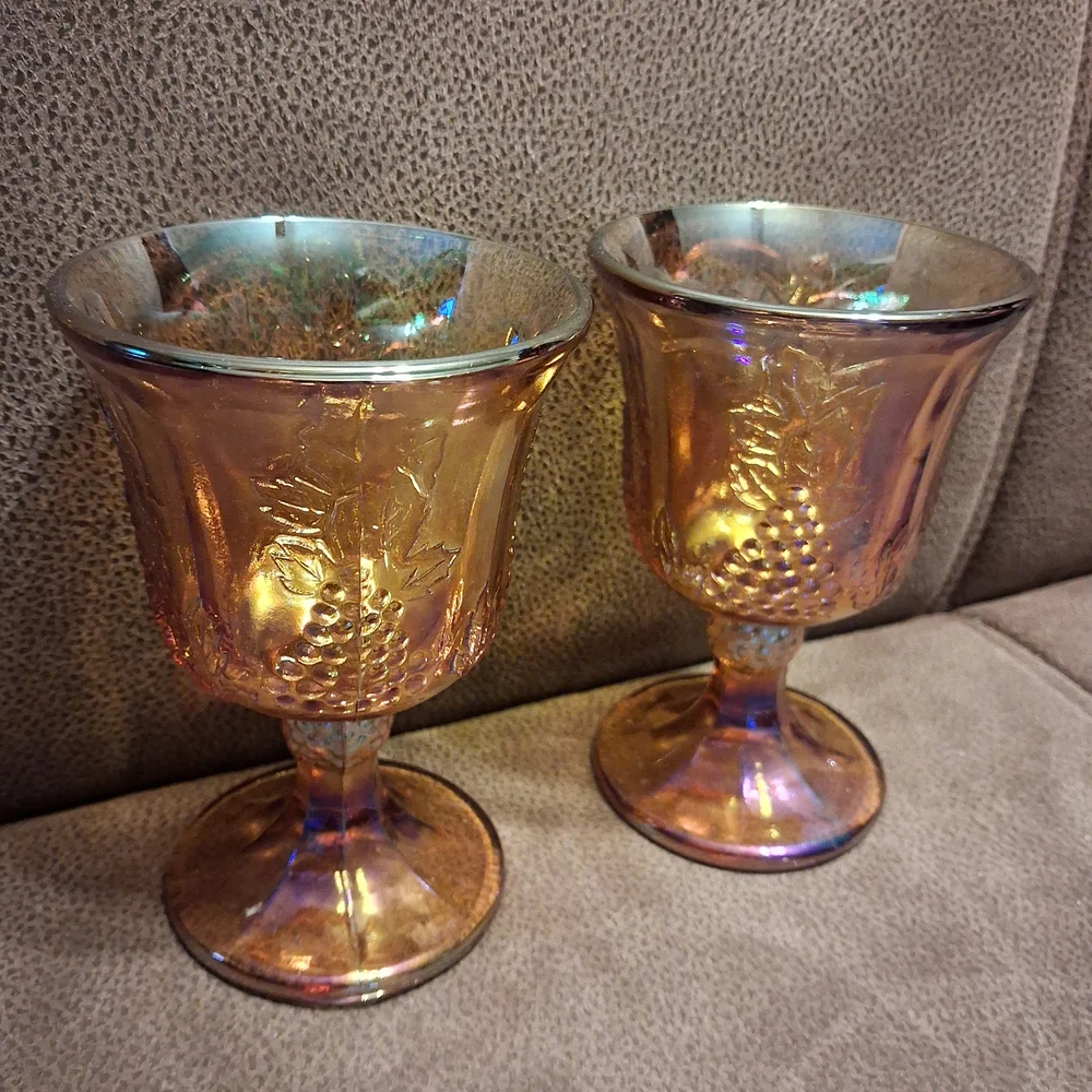 1970s Indiana Glass Iridescent Amber Grape Pattern Goblets
